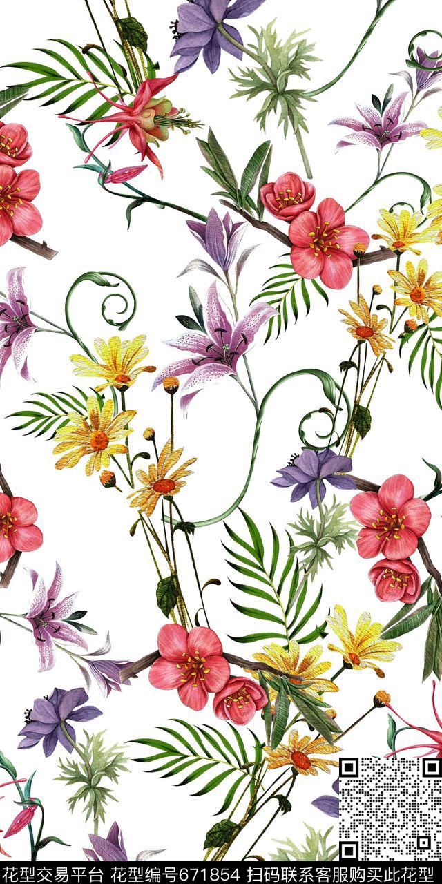 清爽手绘花卉百合数码印花华亿平台下载（图片编号: 671854） - 瓦栏（Walan）
