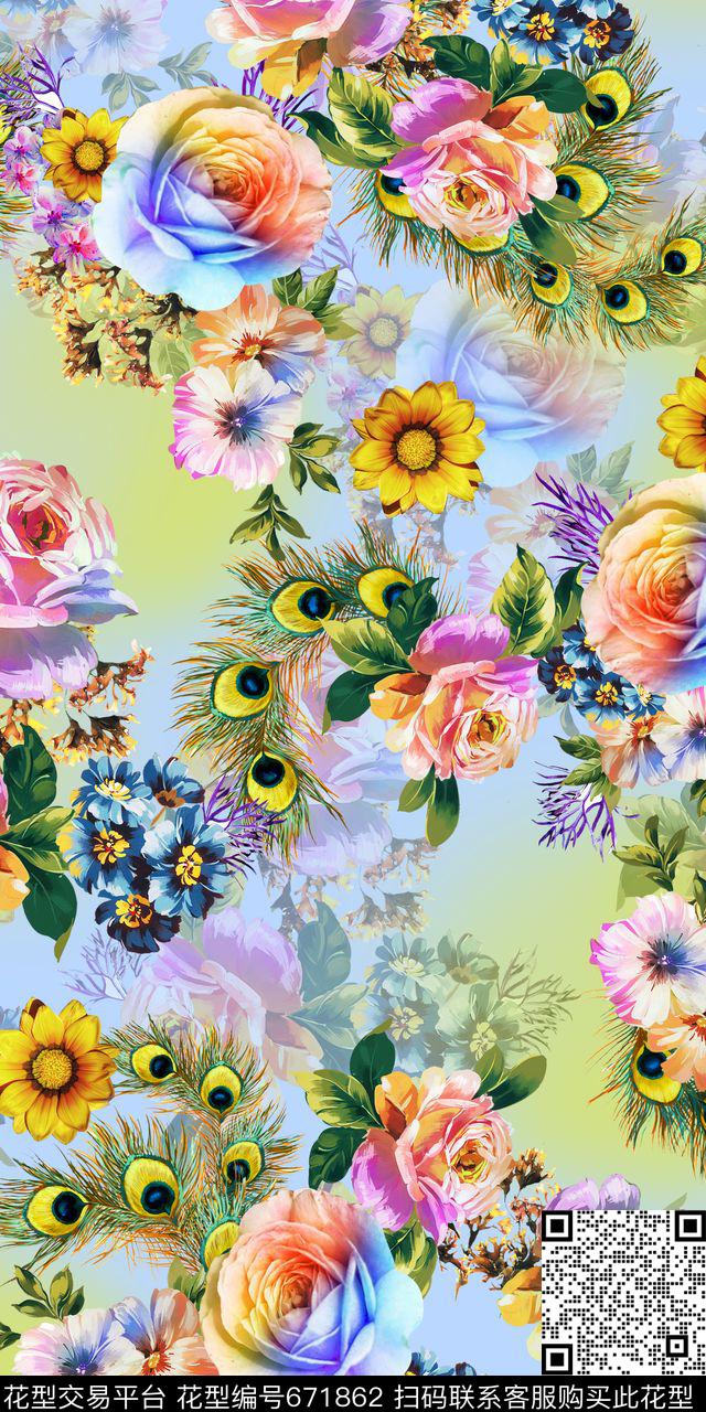 雪纺云纹孔雀羽毛数码印花华亿平台下载（图片编号: 671862） - 瓦栏（Walan）