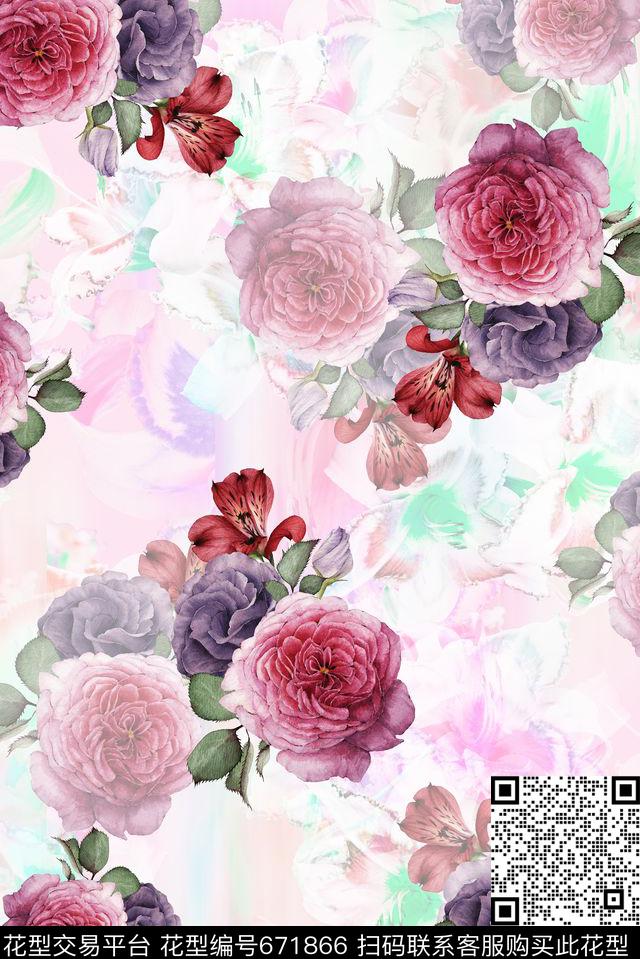 手绘花卉小清新朦胧底纹数码印花华亿平台下载（图片编号: 671866） - 瓦栏（Walan）