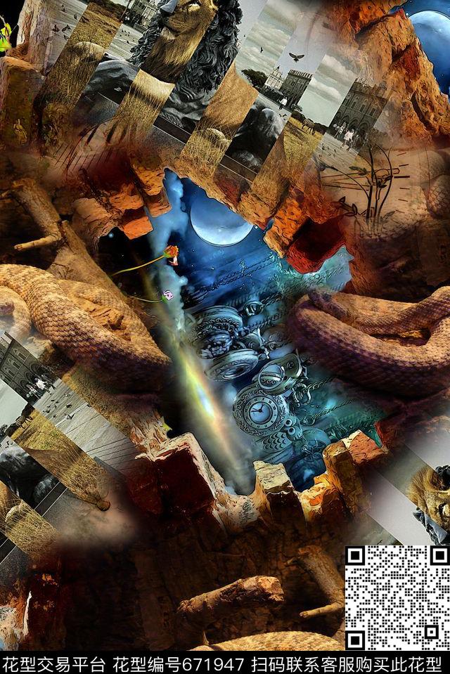 时尚抽象手绘水彩钟表数码印花时尚潮流男装大牌高档蛇纹印花时尚潮流设计女装裙子外套国际印花复古风格数码印花华亿平台下载（图片编号: 671947） - 瓦栏（Walan）