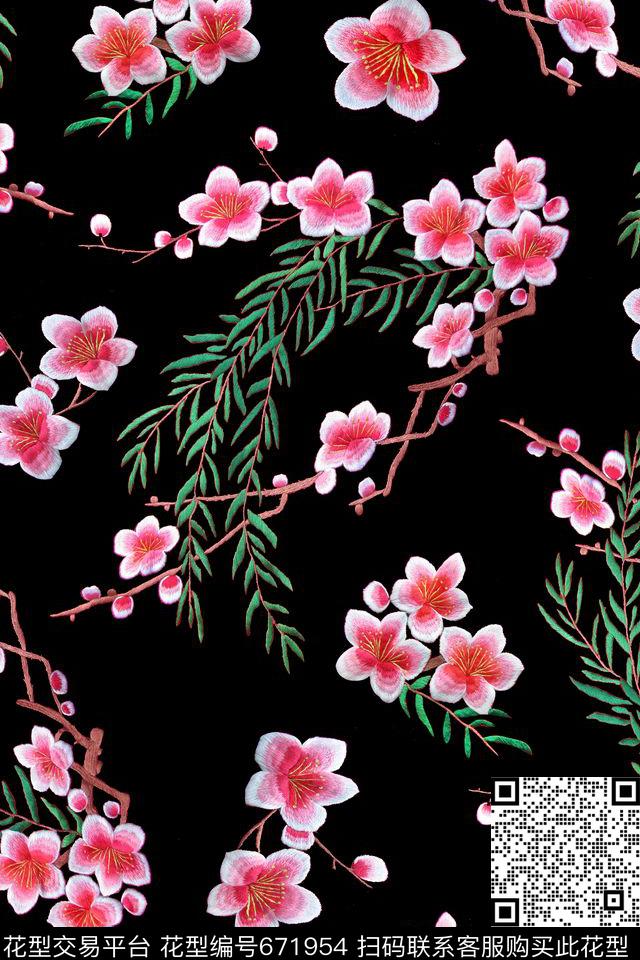 绣花刺绣桃花数码印花华亿平台下载（图片编号: 671954） - 瓦栏（Walan）