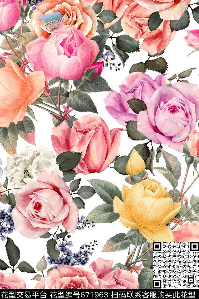 玫瑰花朵花卉传统印花华亿平台下载（图片编号: 671963） - 瓦栏（Walan）