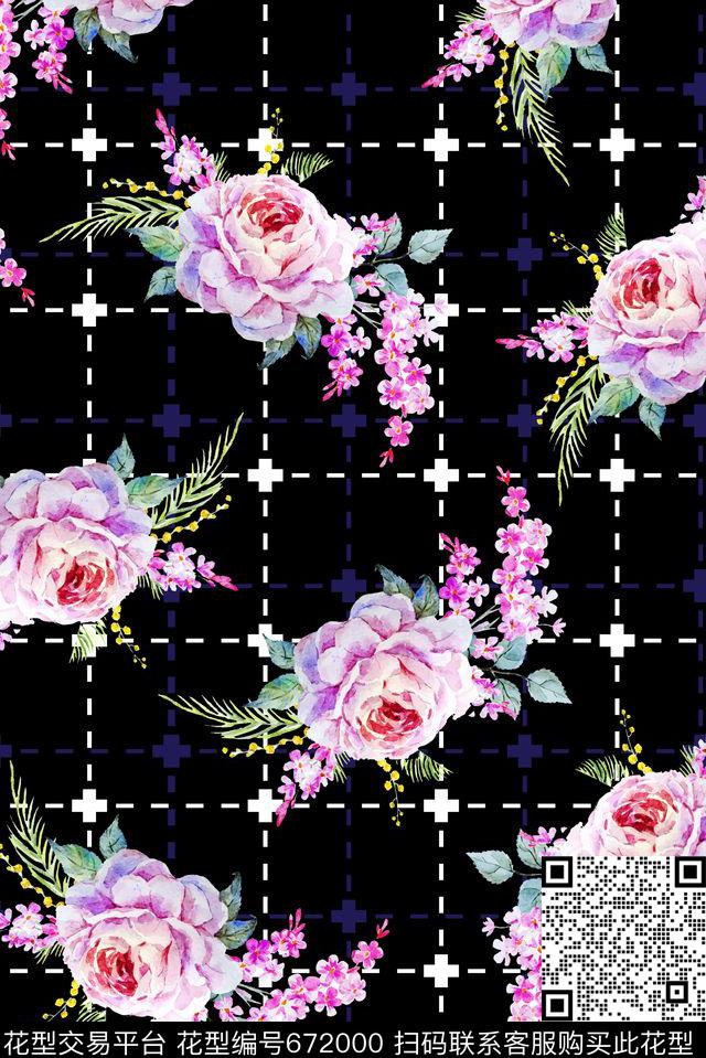 花卉格子线条数码印花华亿平台下载（图片编号: 672000） - 瓦栏（Walan）