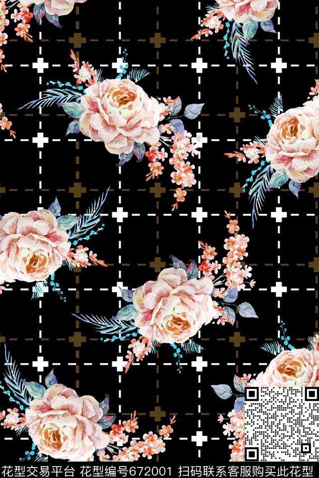 花卉格子线条数码印花华亿平台下载（图片编号: 672001） - 瓦栏（Walan）