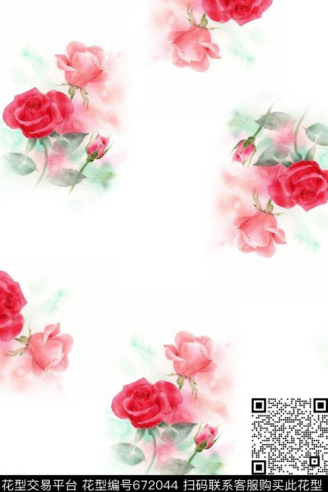 流行时尚玫瑰手绘花卉数码印花华亿平台下载（图片编号: 672044） - 瓦栏（Walan）
