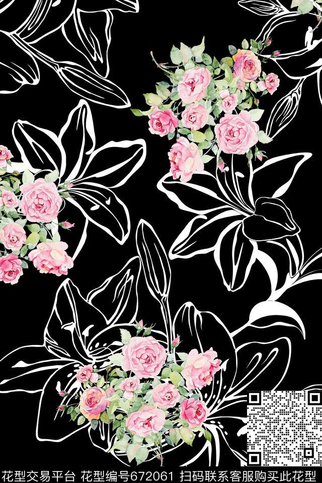 手绘花卉玫瑰数码印花华亿平台下载（图片编号: 672061） - 瓦栏（Walan）