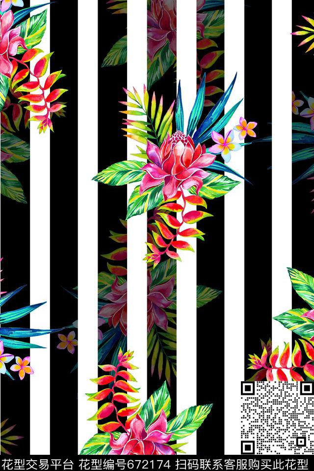 热带手绘花卉数码印花华亿平台下载（图片编号: 672174） - 瓦栏（Walan）