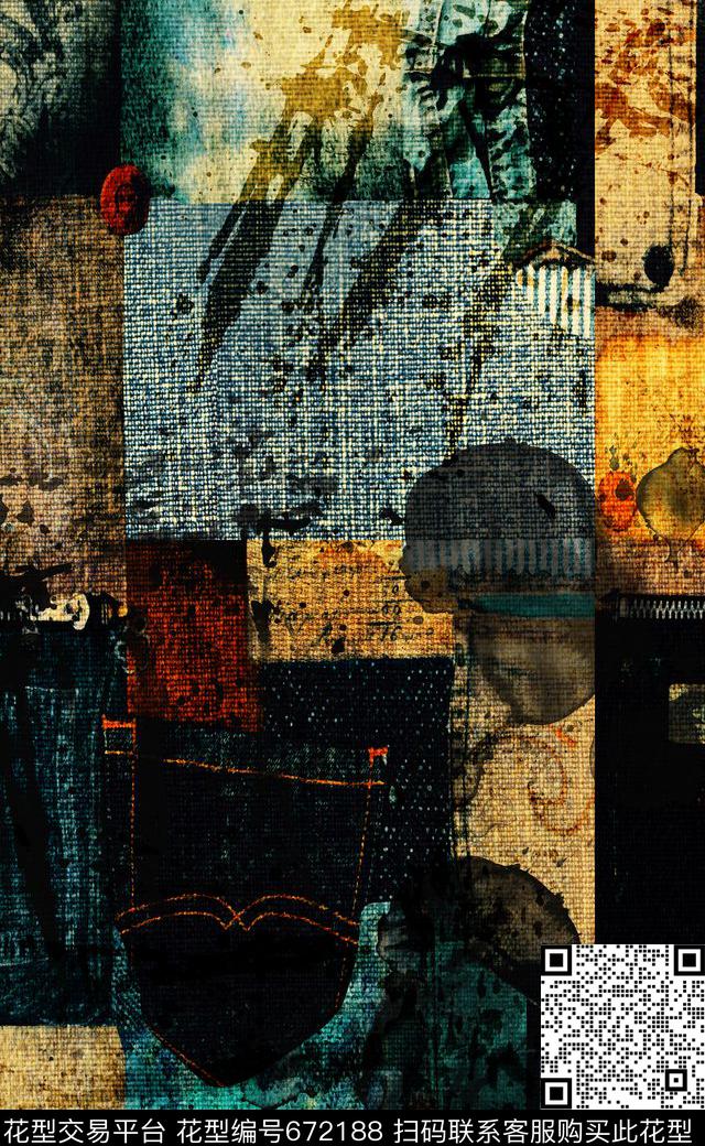 秋冬系列格子拼接牛仔裤数码印花华亿平台下载（图片编号: 672188） - 瓦栏（Walan）