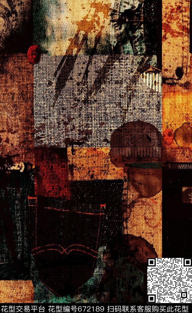 秋冬系列格子拼接牛仔裤数码印花华亿平台下载（图片编号: 672189） - 瓦栏（Walan）