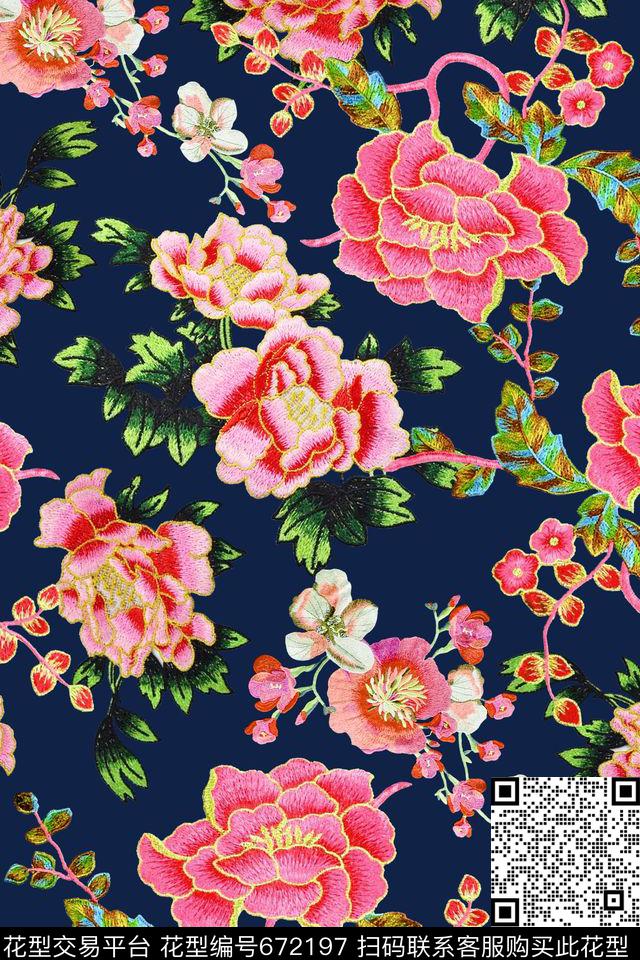 绣花刺绣牡丹数码印花华亿平台下载（图片编号: 672197） - 瓦栏（Walan）