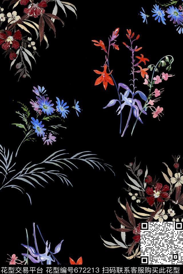 清爽黑底手绘数码印花华亿平台下载（图片编号: 672213） - 瓦栏（Walan）