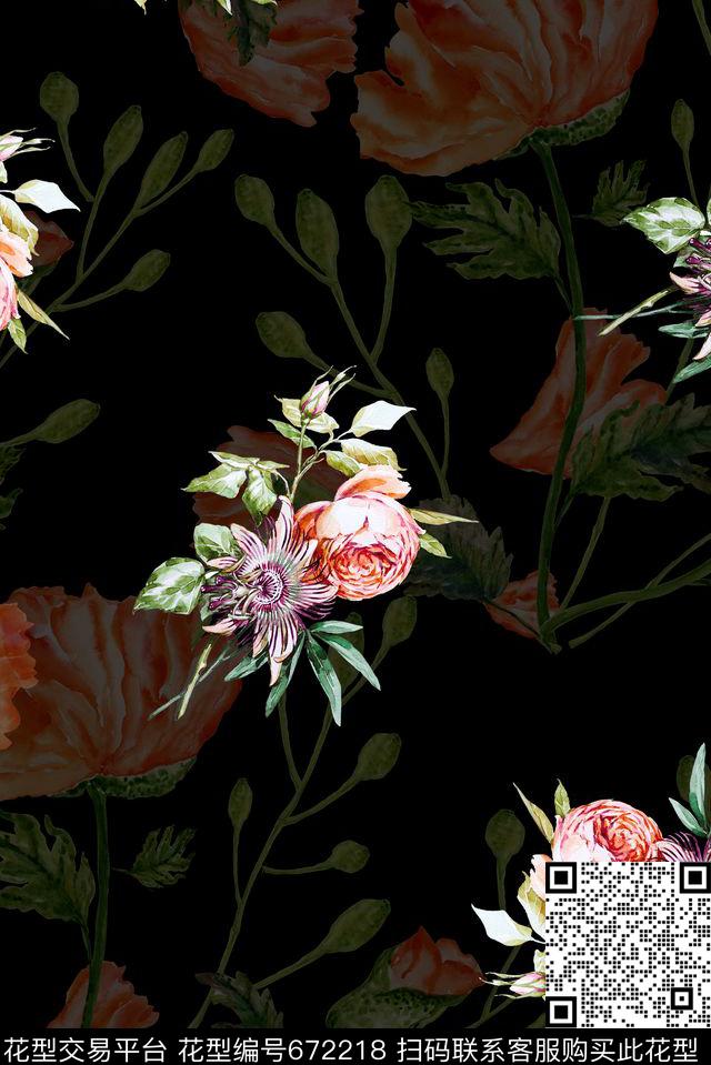手绘花卉玫瑰数码印花华亿平台下载（图片编号: 672218） - 瓦栏（Walan）