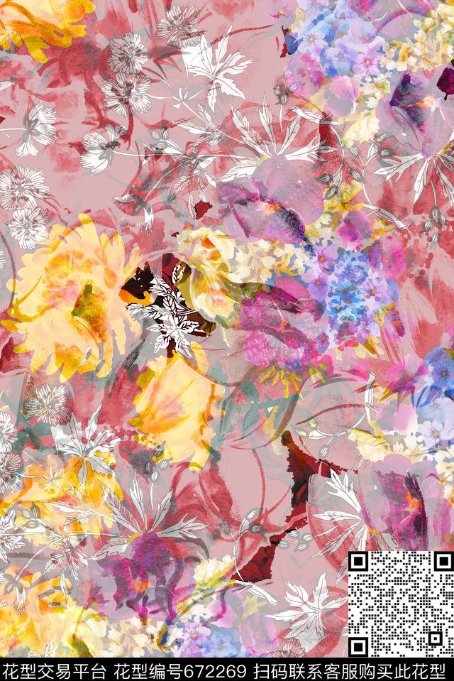 淡雅清透手绘数码印花华亿平台下载（图片编号: 672269） - 瓦栏（Walan）