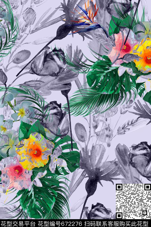 水墨花卉热带数码印花华亿平台下载（图片编号: 672276） - 瓦栏（Walan）