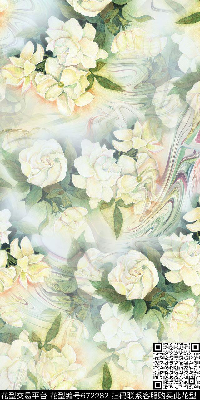 手绘牡丹花素雅大气数码印花华亿平台下载（图片编号: 672282） - 瓦栏（Walan）