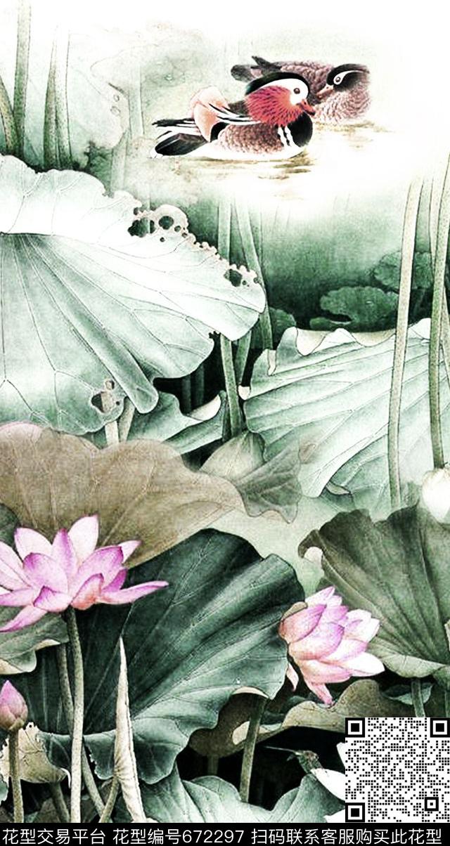 定位花中国风荷花数码印花华亿平台下载（图片编号: 672297） - 瓦栏（Walan）