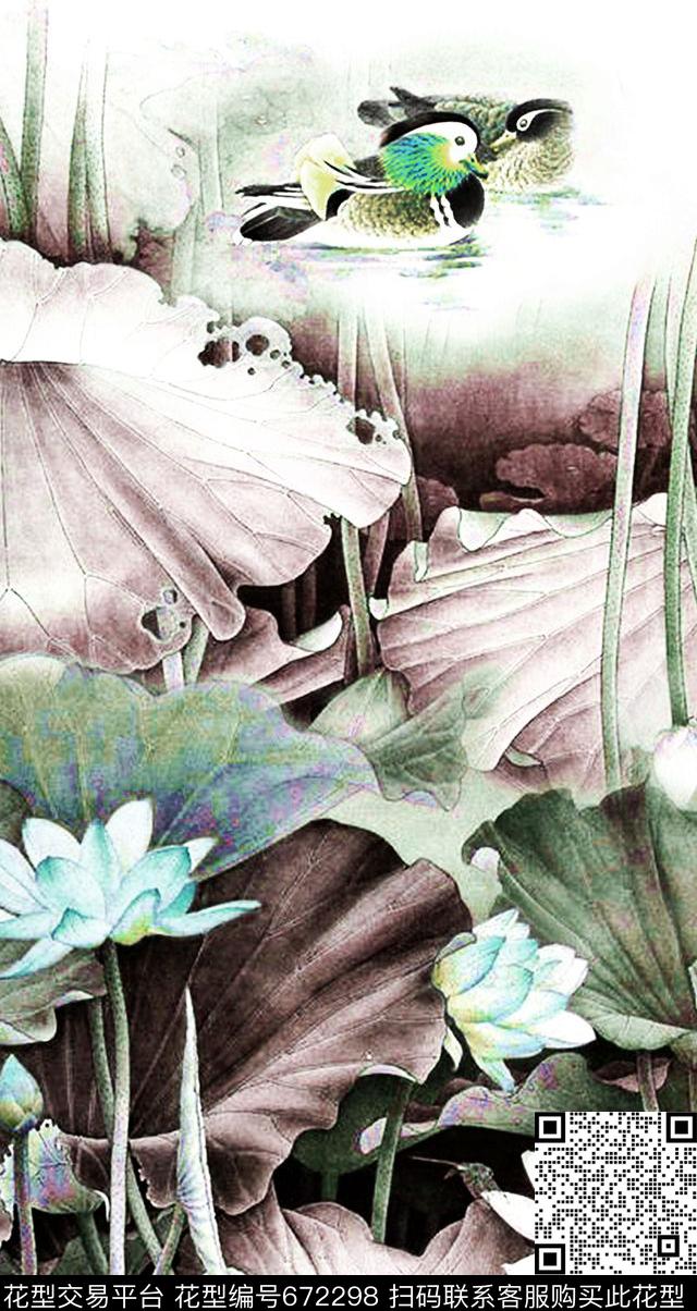 定位花中国风荷花数码印花华亿平台下载（图片编号: 672298） - 瓦栏（Walan）