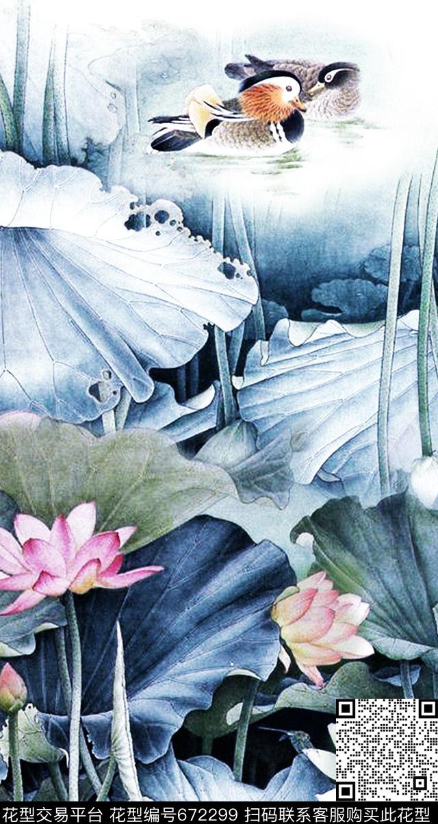 定位花中国风荷花数码印花华亿平台下载（图片编号: 672299） - 瓦栏（Walan）
