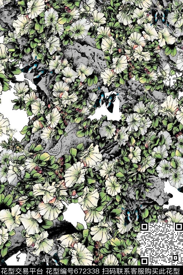 中国风。蝴蝶花朵数码印花华亿平台下载（图片编号: 672338） - 瓦栏（Walan）