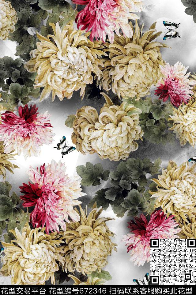 中国风雏菊花卉数码印花华亿平台下载（图片编号: 672346） - 瓦栏（Walan）