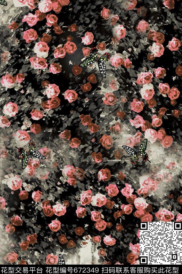 花卉蝴蝶水墨数码印花华亿平台下载（图片编号: 672349） - 瓦栏（Walan）