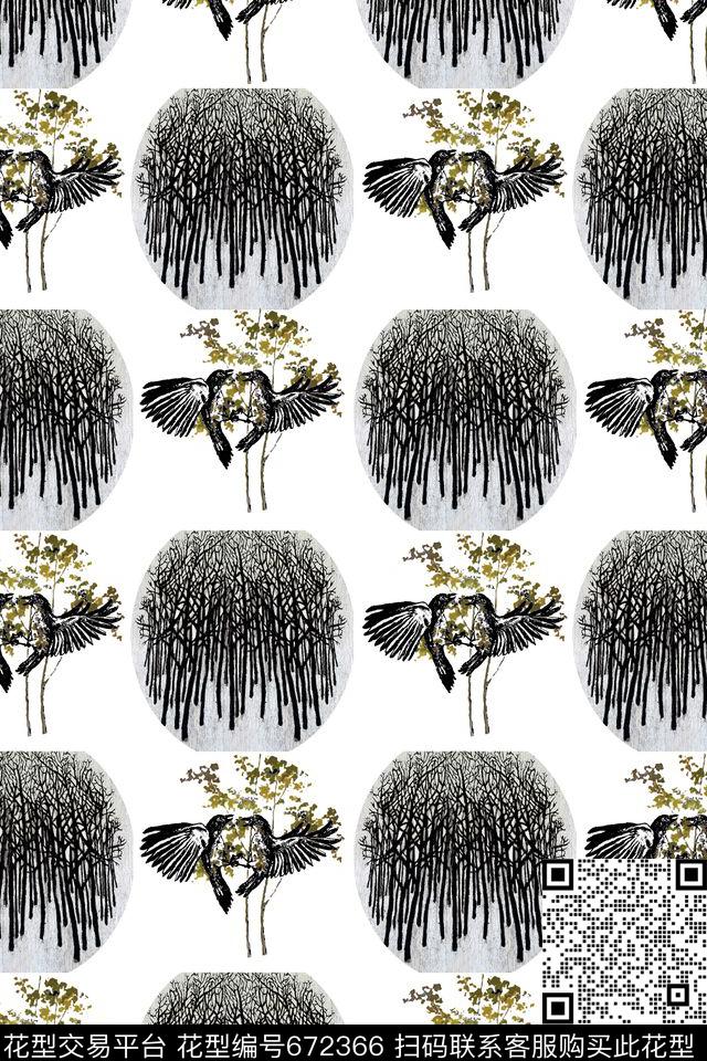 树木飞鸟抽象数码印花华亿平台下载（图片编号: 672366） - 瓦栏（Walan）