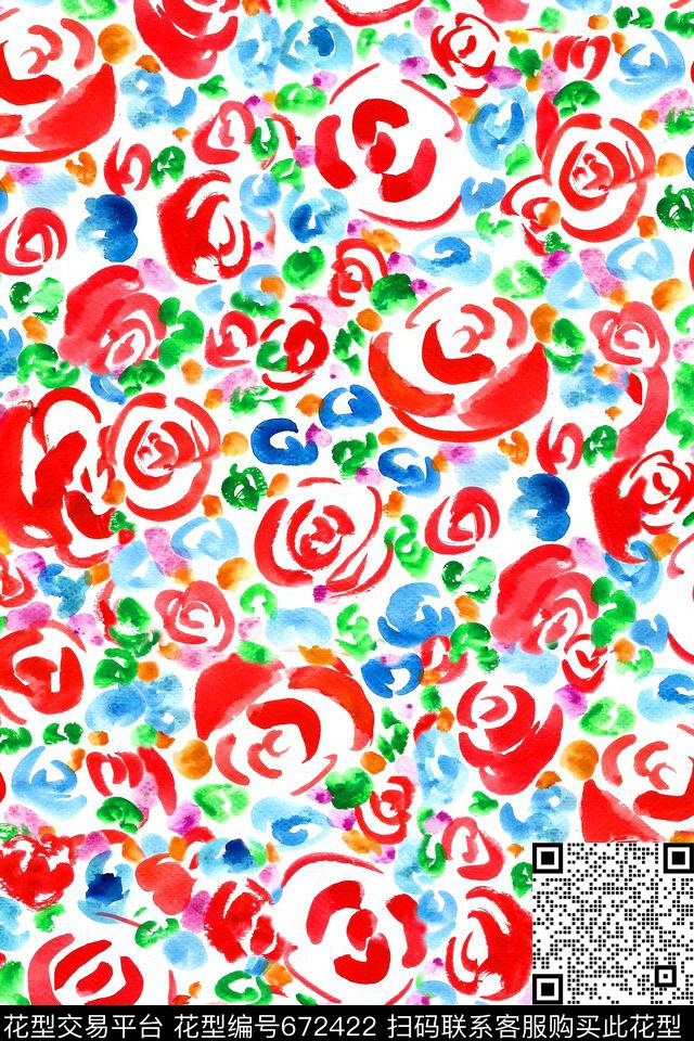 手绘玫瑰肌理抽象花卉数码印花华亿平台下载（图片编号: 672422） - 瓦栏（Walan）