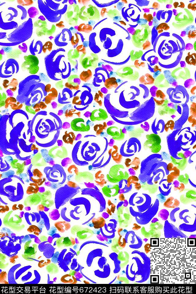 手绘玫瑰肌理抽象花卉数码印花华亿平台下载（图片编号: 672423） - 瓦栏（Walan）
