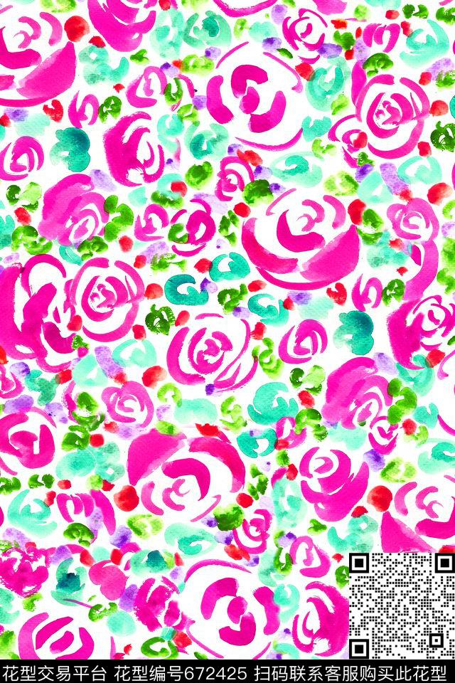 手绘玫瑰肌理抽象花卉数码印花华亿平台下载（图片编号: 672425） - 瓦栏（Walan）