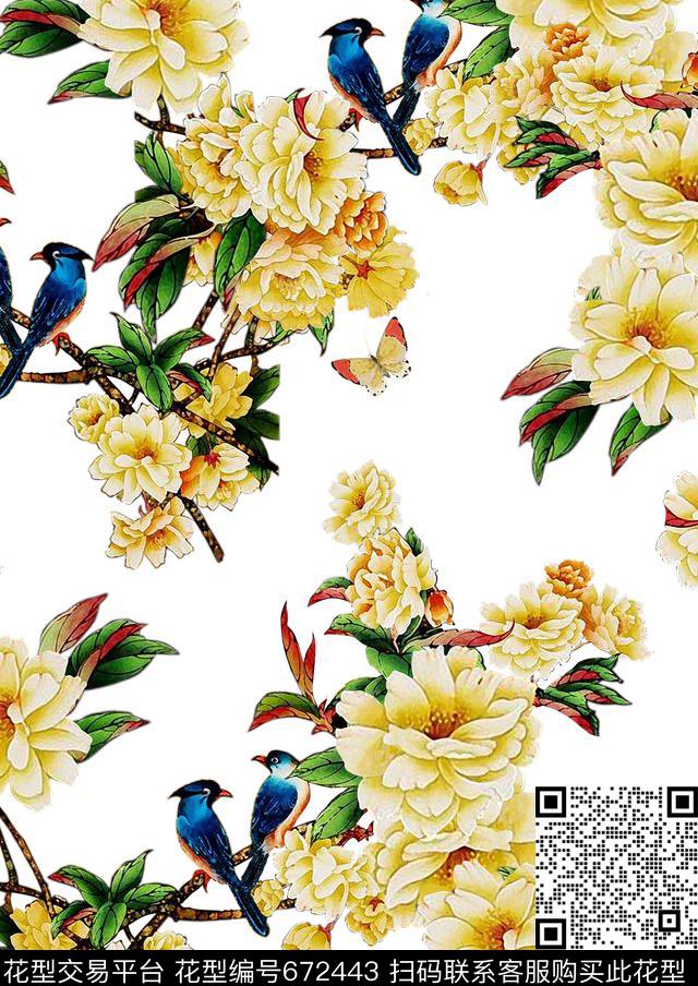 玉兰花中国风花朵数码印花华亿平台下载（图片编号: 672443） - 瓦栏（Walan）