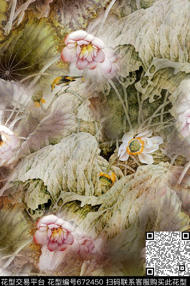 花卉荷花国画数码印花华亿平台下载（图片编号: 672450） - 瓦栏（Walan）