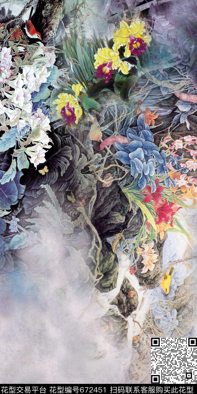 国画中国风花卉数码印花华亿平台下载（图片编号: 672451） - 瓦栏（Walan）