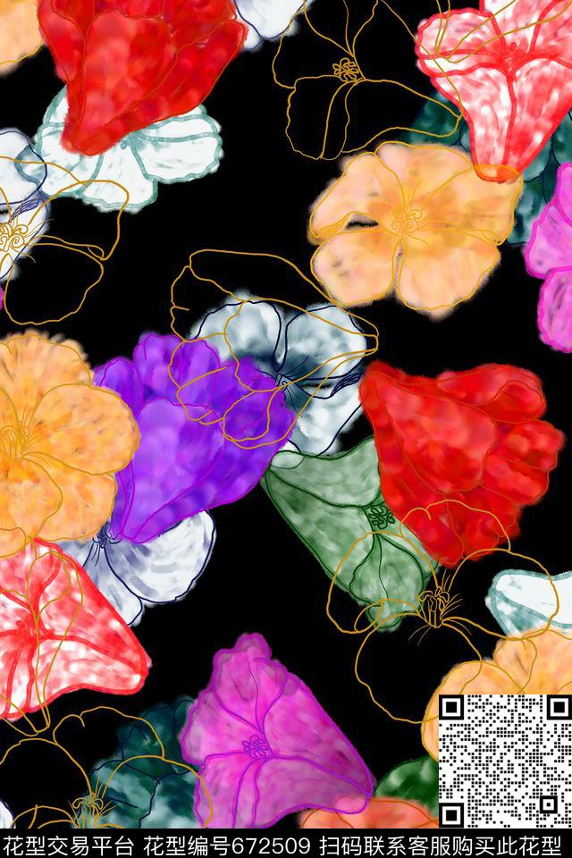 L.D~线条L.D~花卉L.D~水彩数码印花华亿平台下载（图片编号: 672509） - 瓦栏（Walan）