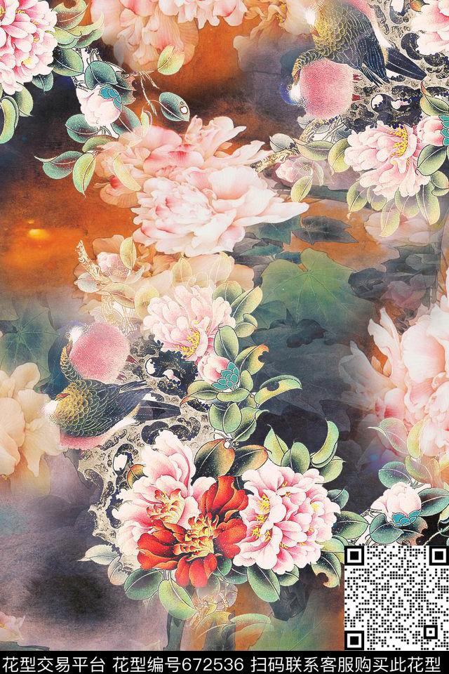 牡丹花朵花卉数码印花华亿平台下载（图片编号: 672536） - 瓦栏（Walan）