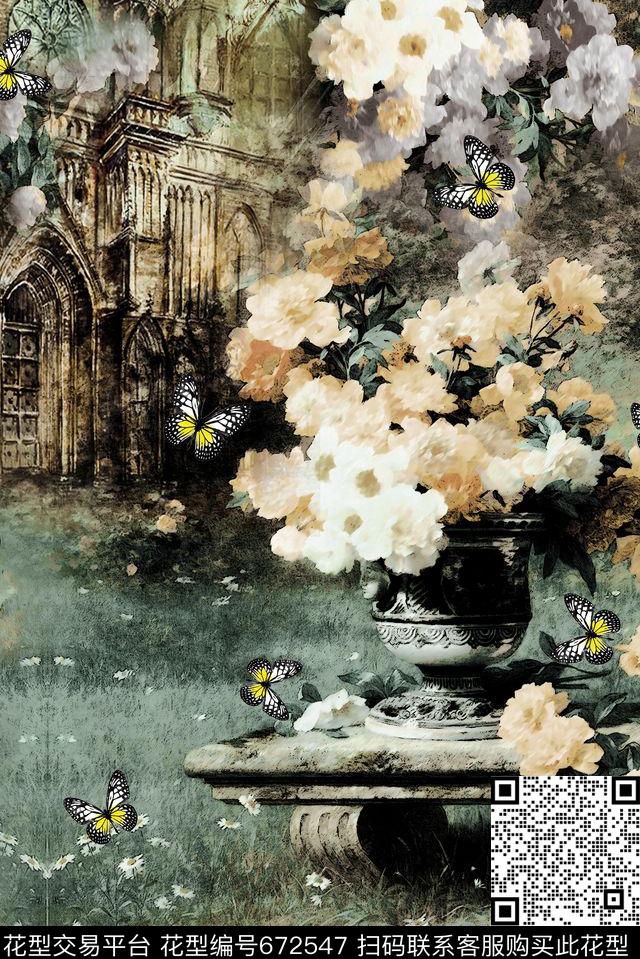 花卉风景欧式建筑数码印花华亿平台下载（图片编号: 672547） - 瓦栏（Walan）