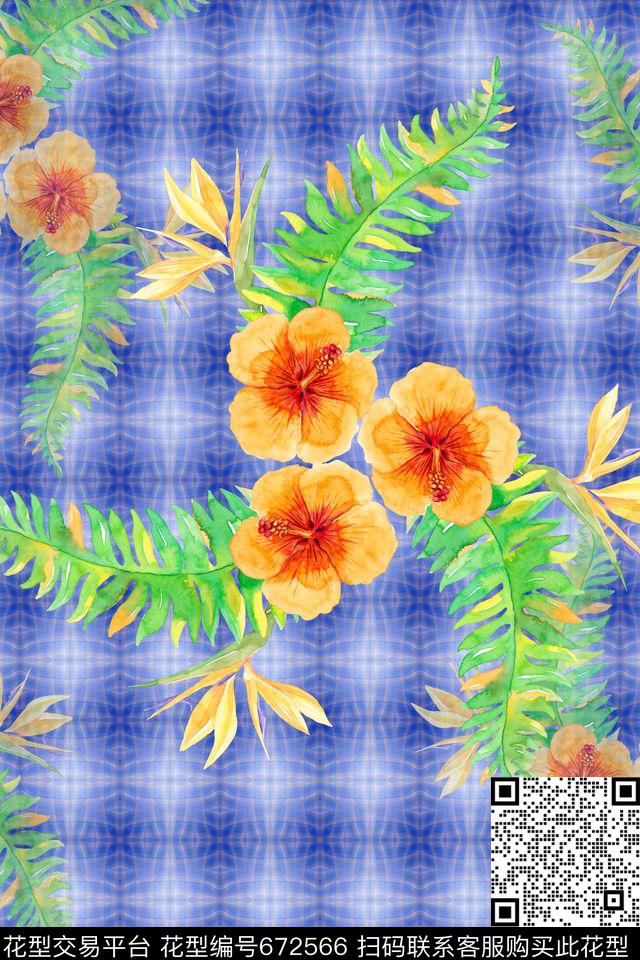 几何炫彩手绘棕榈叶纹理数码印花华亿平台下载（图片编号: 672566） - 瓦栏（Walan）