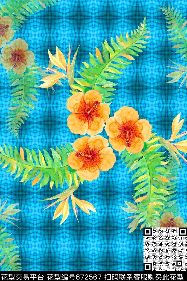 几何炫彩手绘棕榈叶纹理数码印花华亿平台下载（图片编号: 672567） - 瓦栏（Walan）
