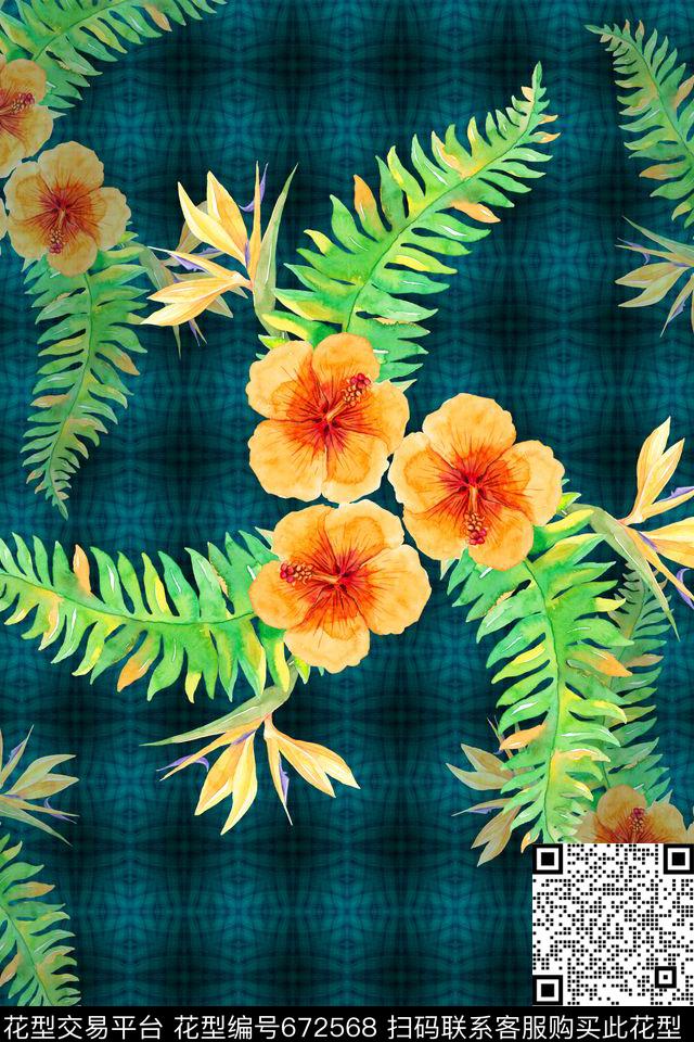 几何炫彩手绘棕榈叶纹理数码印花华亿平台下载（图片编号: 672568） - 瓦栏（Walan）