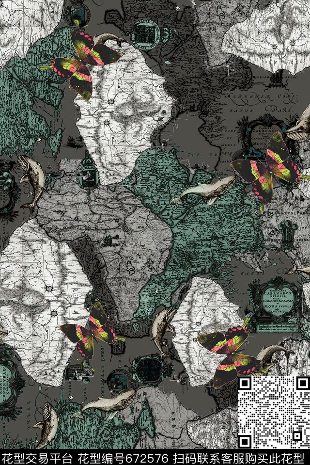 地图欧式复古蝴蝶数码印花华亿平台下载（图片编号: 672576） - 瓦栏（Walan）