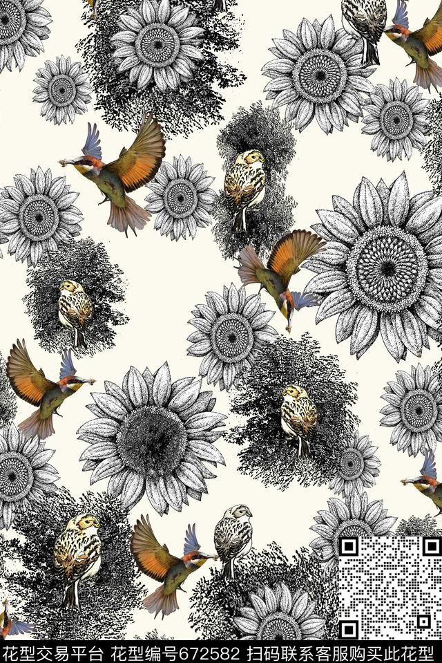 花卉欧式复古飞鸟数码印花华亿平台下载（图片编号: 672582） - 瓦栏（Walan）