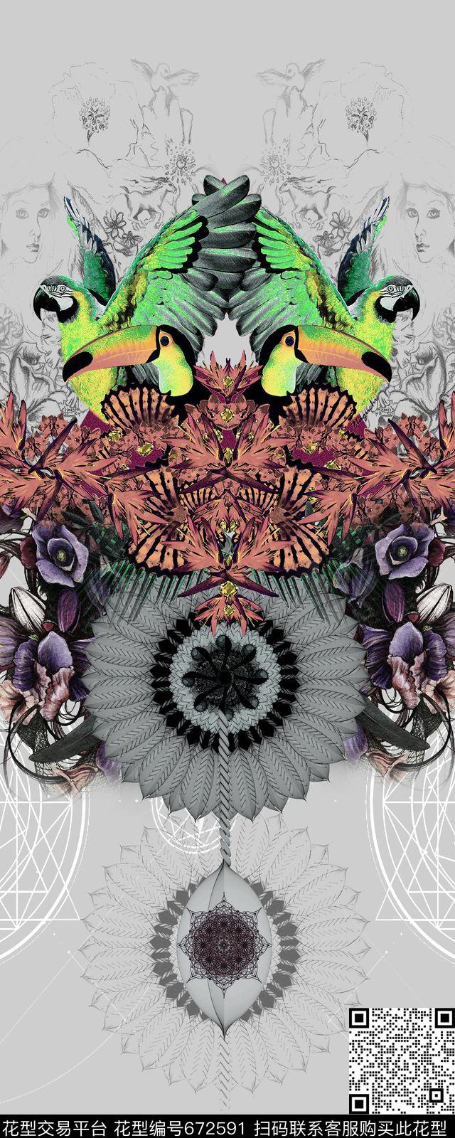 花朵飞鸟欧式复古数码印花华亿平台下载（图片编号: 672591） - 瓦栏（Walan）