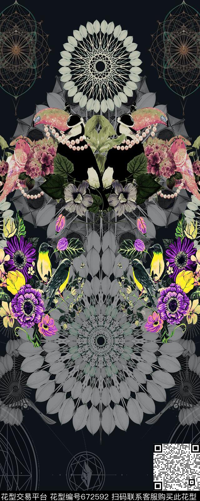 花卉花朵飞鸟数码印花华亿平台下载（图片编号: 672592） - 瓦栏（Walan）