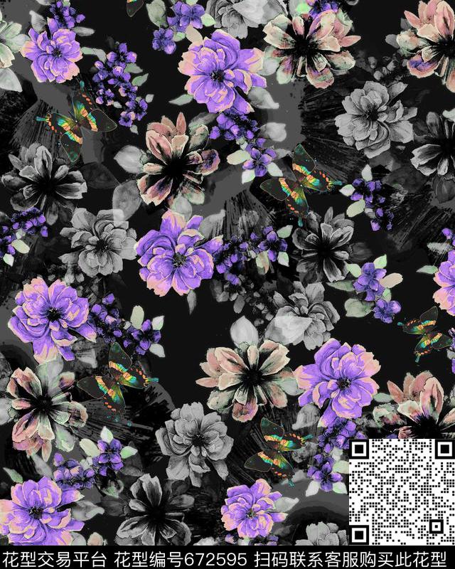 花卉花朵蝴蝶数码印花华亿平台下载（图片编号: 672595） - 瓦栏（Walan）
