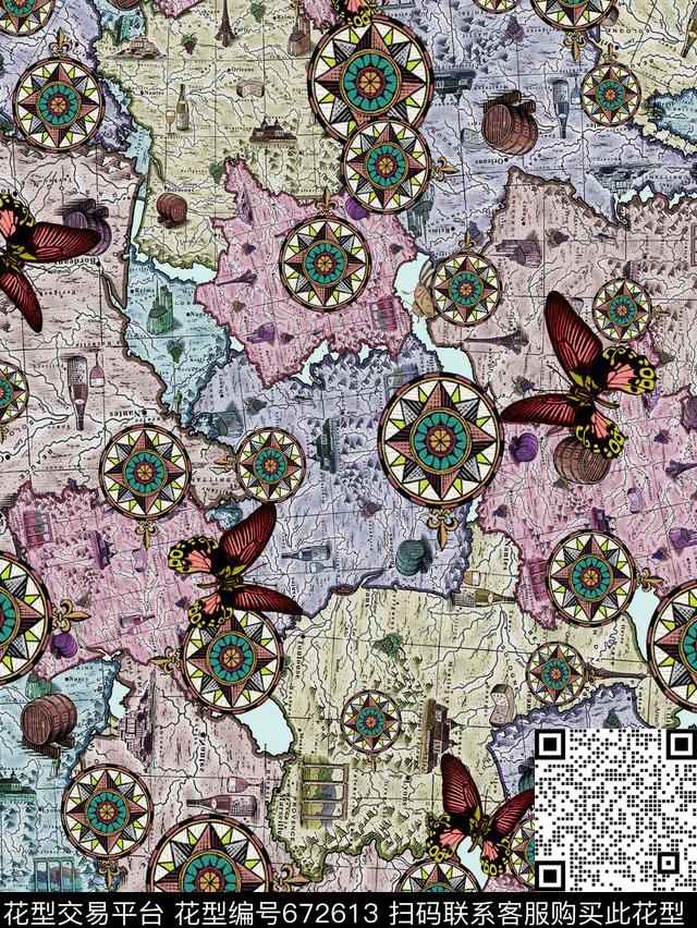 欧式复古地图几何数码印花华亿平台下载（图片编号: 672613） - 瓦栏（Walan）