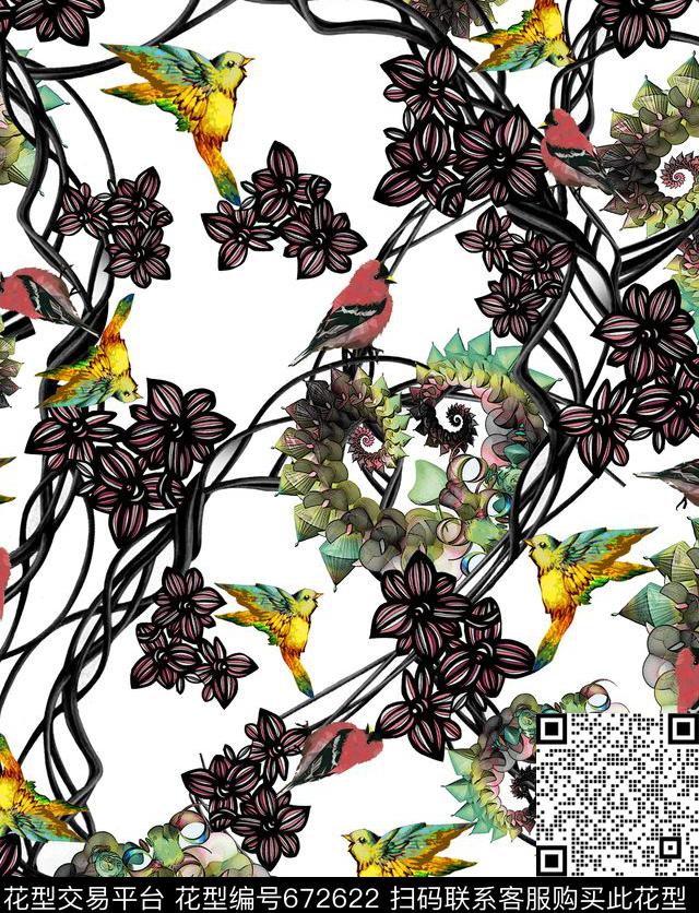 花朵飞鸟抽象几何数码印花华亿平台下载（图片编号: 672622） - 瓦栏（Walan）