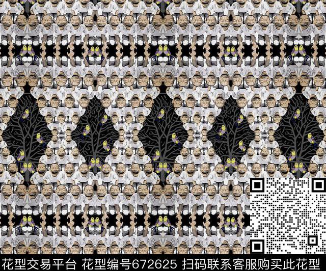 抽象人物趣味飞鸟数码印花华亿平台下载（图片编号: 672625） - 瓦栏（Walan）