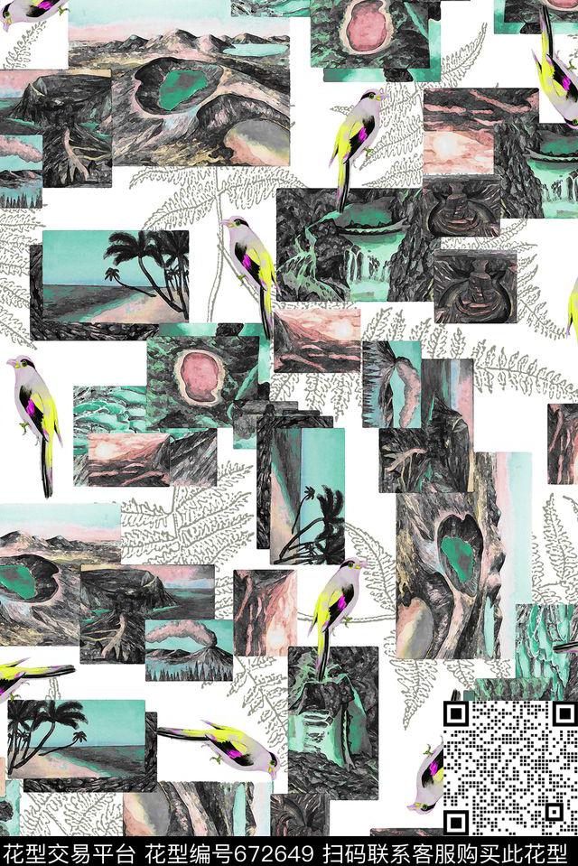棕榈叶热带吉祥鸟数码印花华亿平台下载（图片编号: 672649） - 瓦栏（Walan）