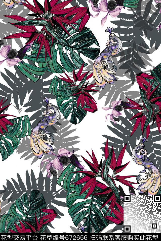 棕榈叶热带花鸟数码印花华亿平台下载（图片编号: 672656） - 瓦栏（Walan）