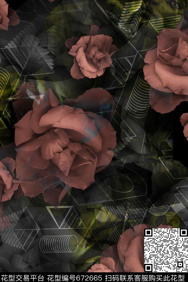 大花朵花卉女装印花数码印花华亿平台下载（图片编号: 672665） - 瓦栏（Walan）