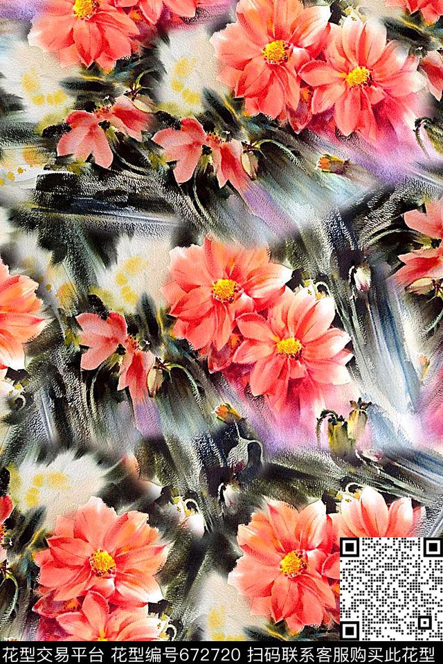 时尚手绘油画女装花卉数码印花花朵大笔画数码印花华亿平台下载（图片编号: 672720） - 瓦栏（Walan）